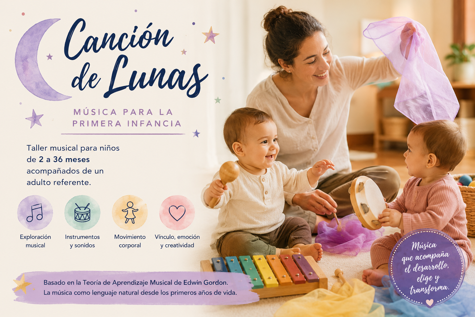 Un espacio musical especialmente pensado para bebés y niños de 2 a 36 meses, acompañados por un adulto referente, donde la música, el movimiento y el vínculo afectivo se transforman en una experiencia compartida única. Basado en la Teoría del Aprendizaje Musical de Edwin Gordon, este taller propone una inmersión musical temprana que estimula el desarrollo auditivo, emocional, expresivo, creativo y cognitivo desde los primeros años de vida. Música para la Primera Infancia